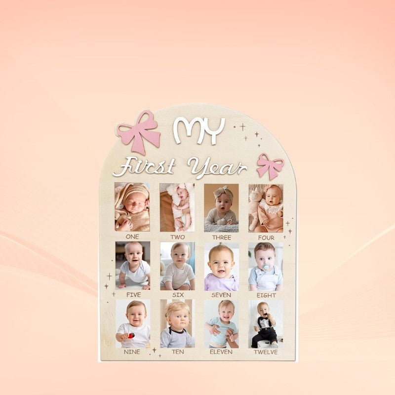 My First Year Baby Photo Frame, Bow Design 12 Months Milestone Wooden Photo Board, Baby Growth Keepsake Prop