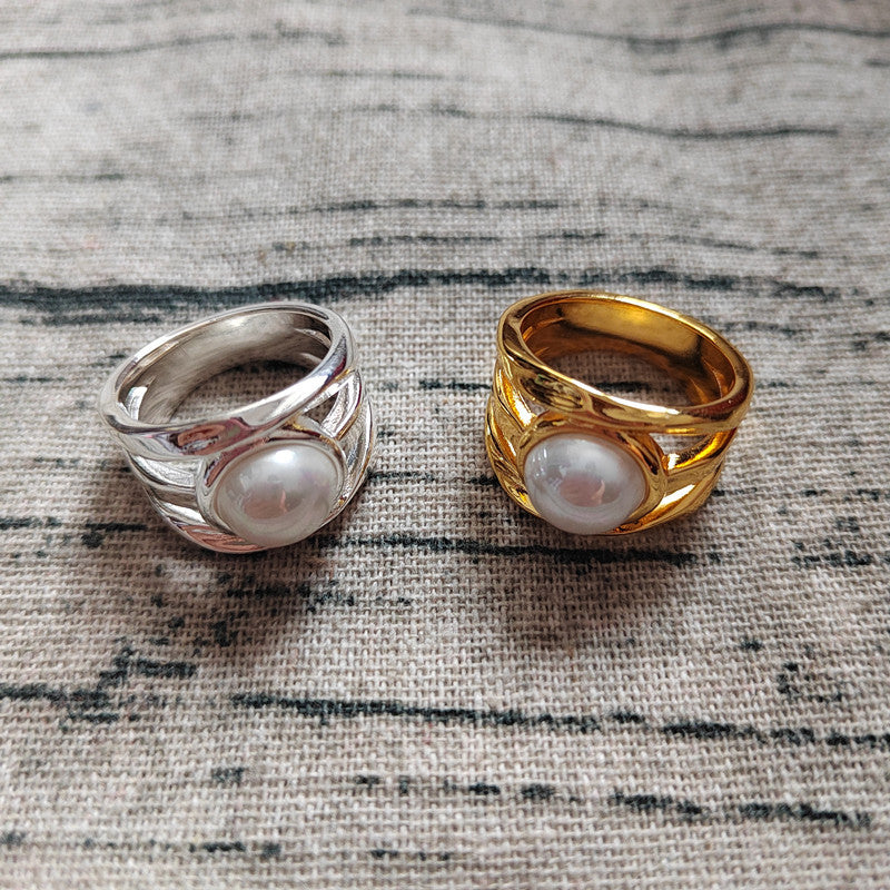 Minimalist Pearl Crystal Ring with Gold Plating