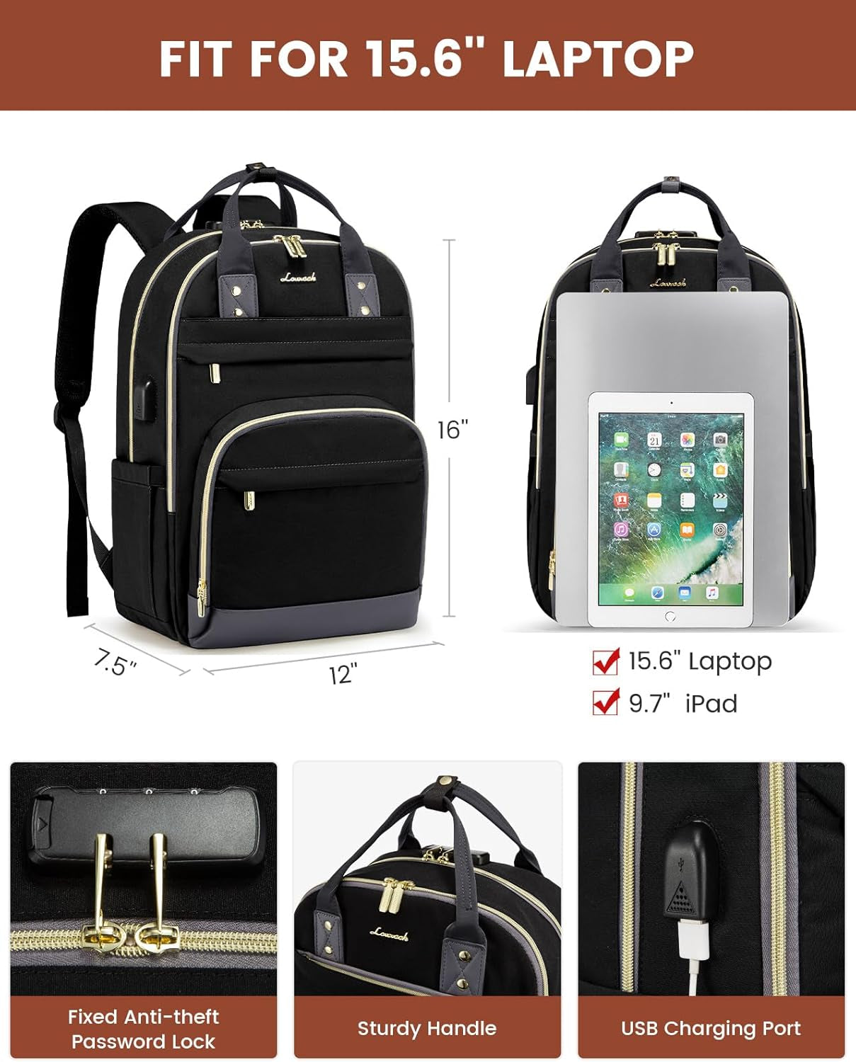 Laptop Backpack for Women, Unisex Travel Anti-Theft Bag, Business Work Computer Backpacks Purse for Men, Casual Hiking Daypack with Lock, 15.6 Inch, Black-Grey