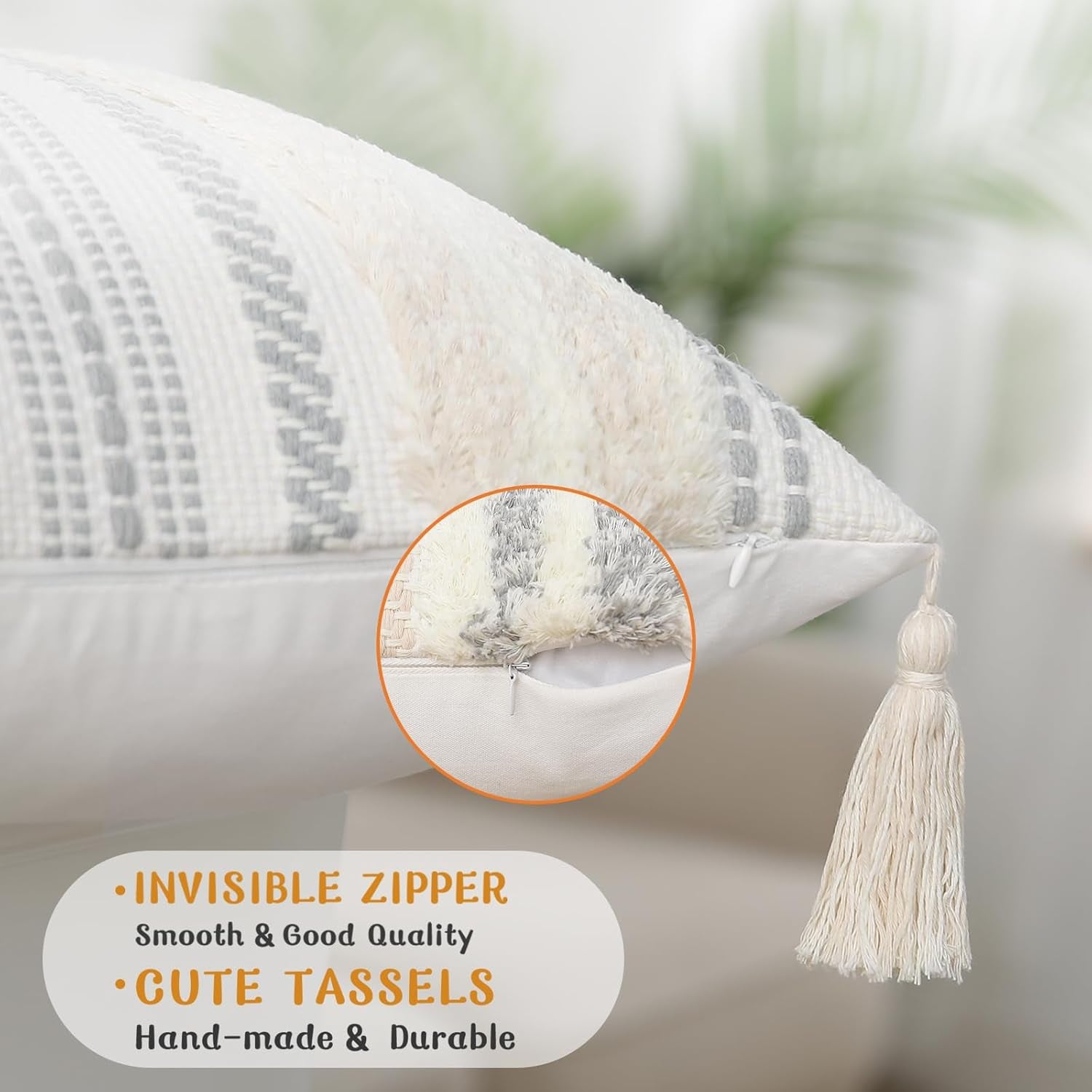Summer Decorative Boho Throw Pillow Covers 20X20 Set of 2, Accent Neutral Textured Tufted Pillow Covers Striped for Couch Bed Sofa Living Room, Beige and Cream White