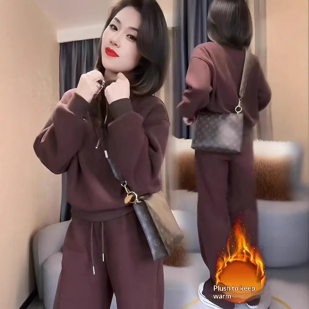 Winter Outfit Niche High-end Casual Womens Fleece-lined Sporty Hoodie Set