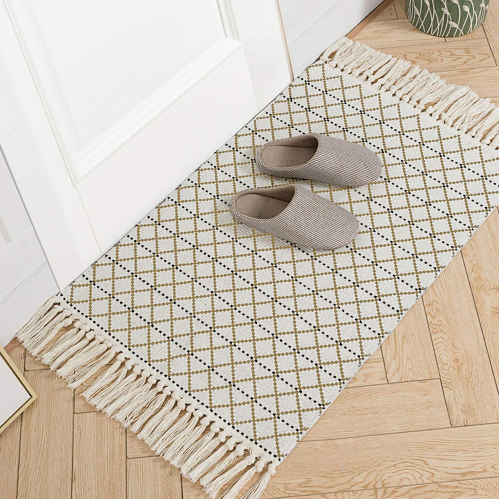 Boho Bathroom Rug, Boho Rug Kitchen Runner Washable Bath Rug, Woven Small Cotton Bohemian Tribal Farmhouse Tassel Moroccan Boho Bath Mat for Bedroom Hallway 2'X3'