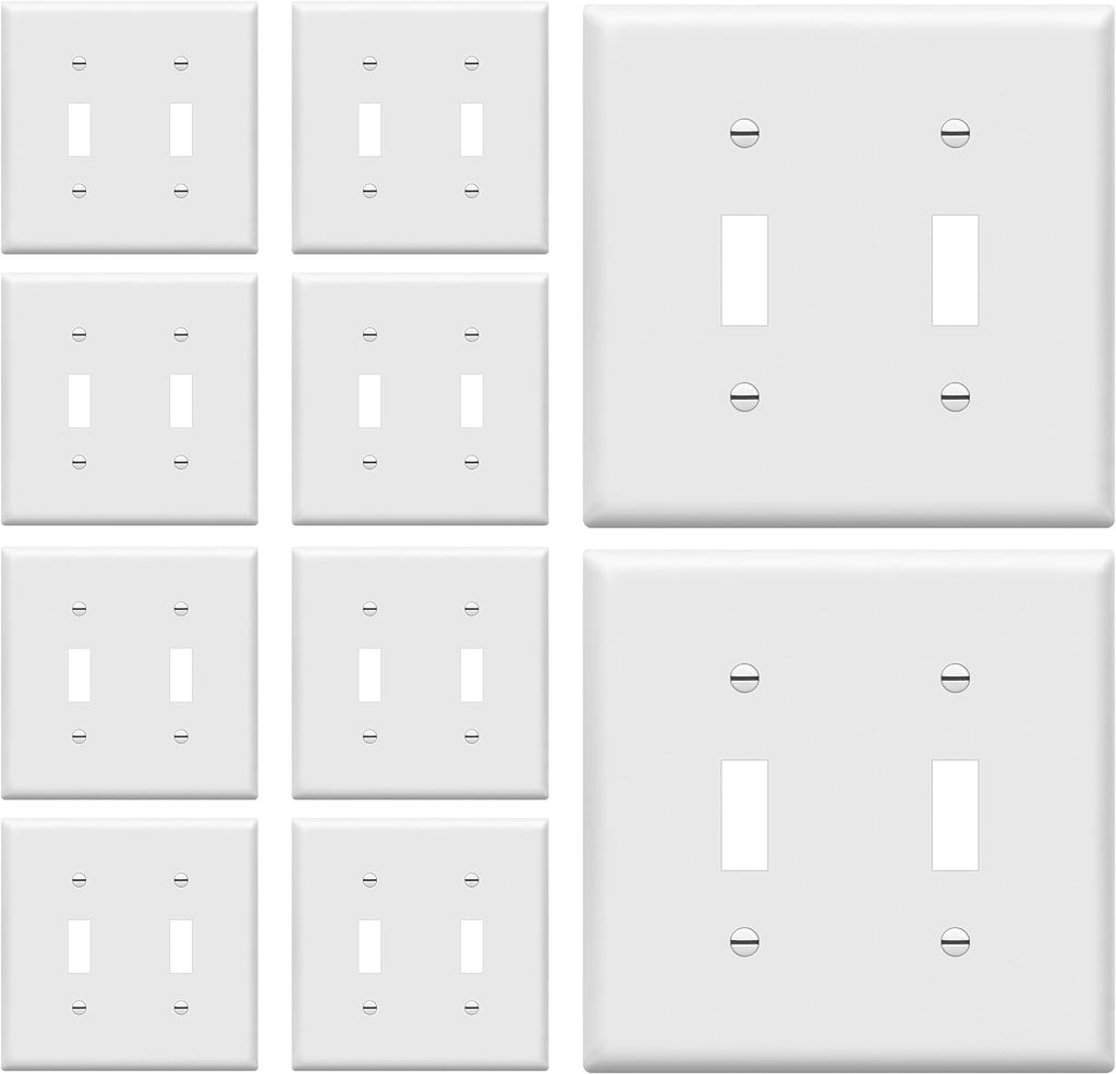 Double Toggle Light Switch Wall Plate, Size 2-Gang 4.50" X 4.57", Unbreakable Polycarbonate Thermoplastic, , White (10 Pack)