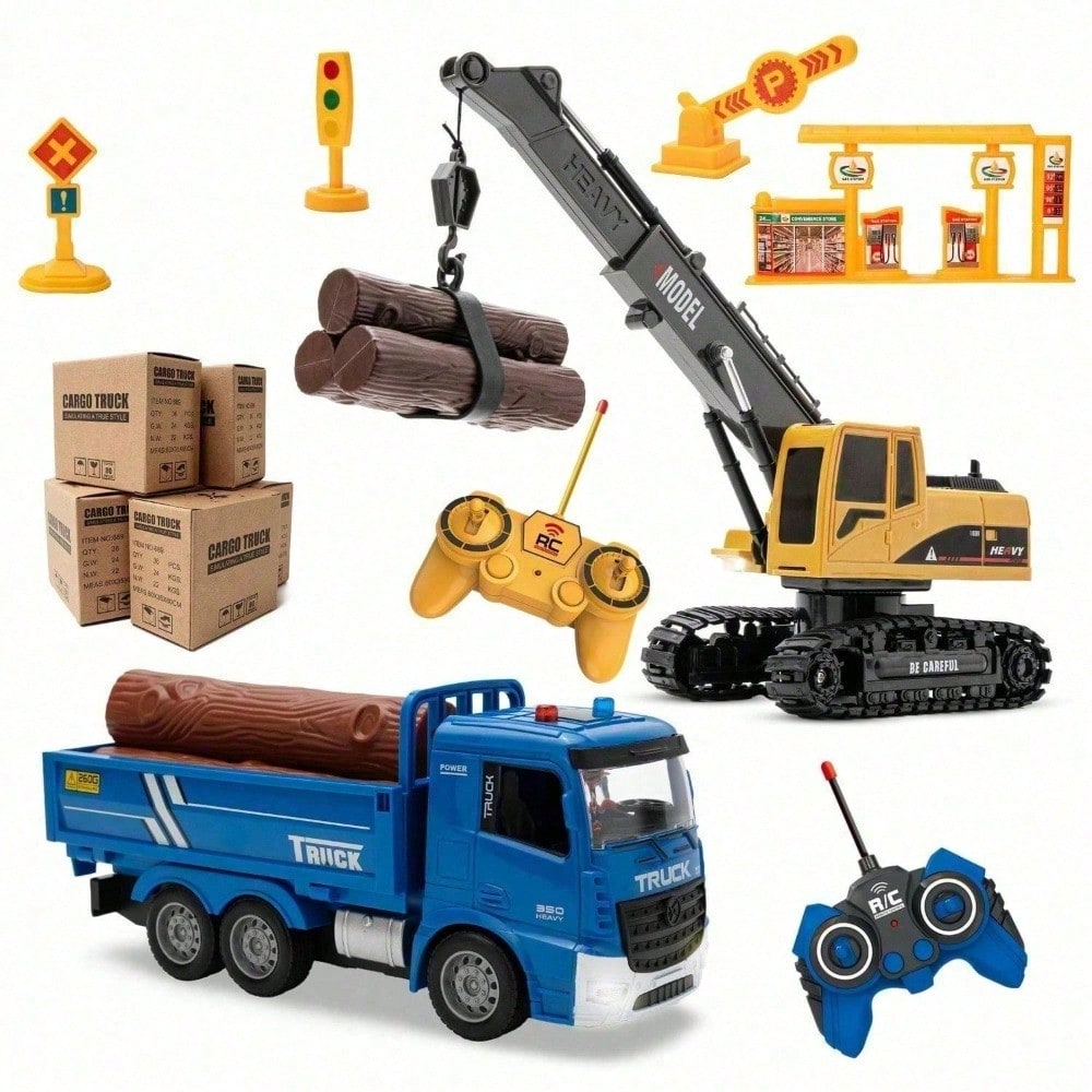 2-in-1 RC Crane Truck with Lights & Building Blocks