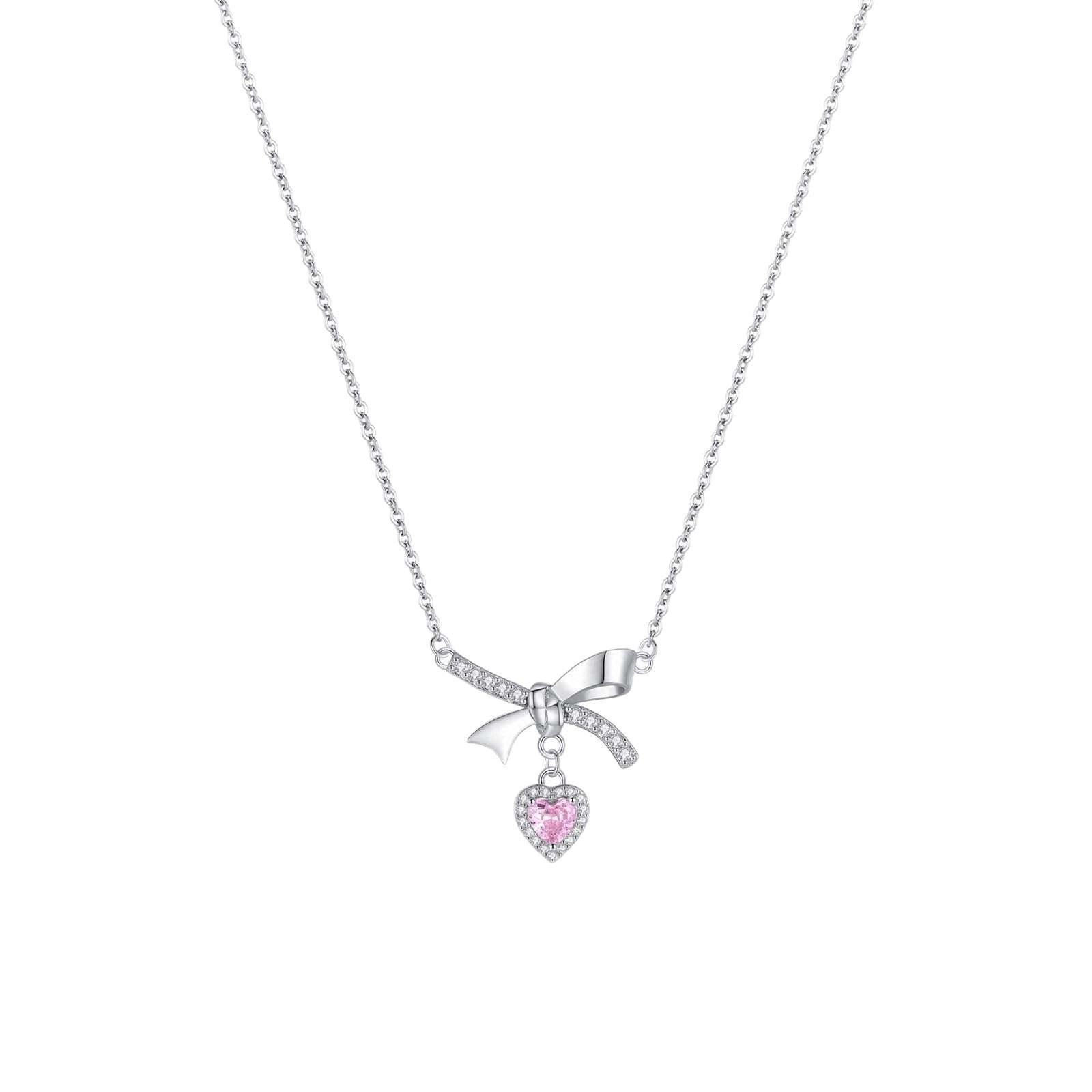 1pcs 999 Sterling Silver Bowknot & Pink Heart Necklace, Elegant Trendy Style, Ideal For Valentine's & Birthday Gifts