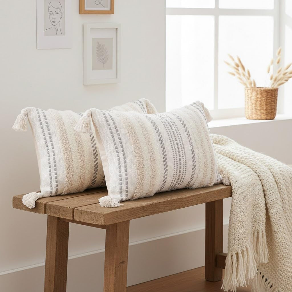 Summer Decorative Boho Throw Pillow Covers 20X20 Set of 2, Accent Neutral Textured Tufted Pillow Covers Striped for Couch Bed Sofa Living Room, Beige and Cream White