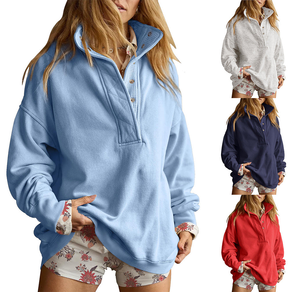 Loose-fitting Casual Long-sleeve Hoodie With A Semi-open Neckline And Buttons