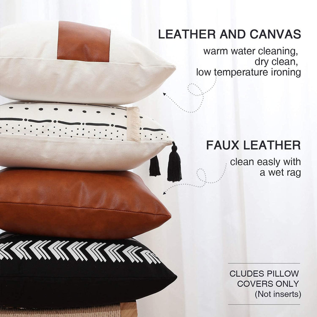Boho Throw Pillow Covers 18 X 18 Set of 4 - Modern Stripe Geometric Farmhouse Decorative Pillow Cover Sets for Pillows - Couch Sofa Bed,Faux Leather Black and White Pillow Covers