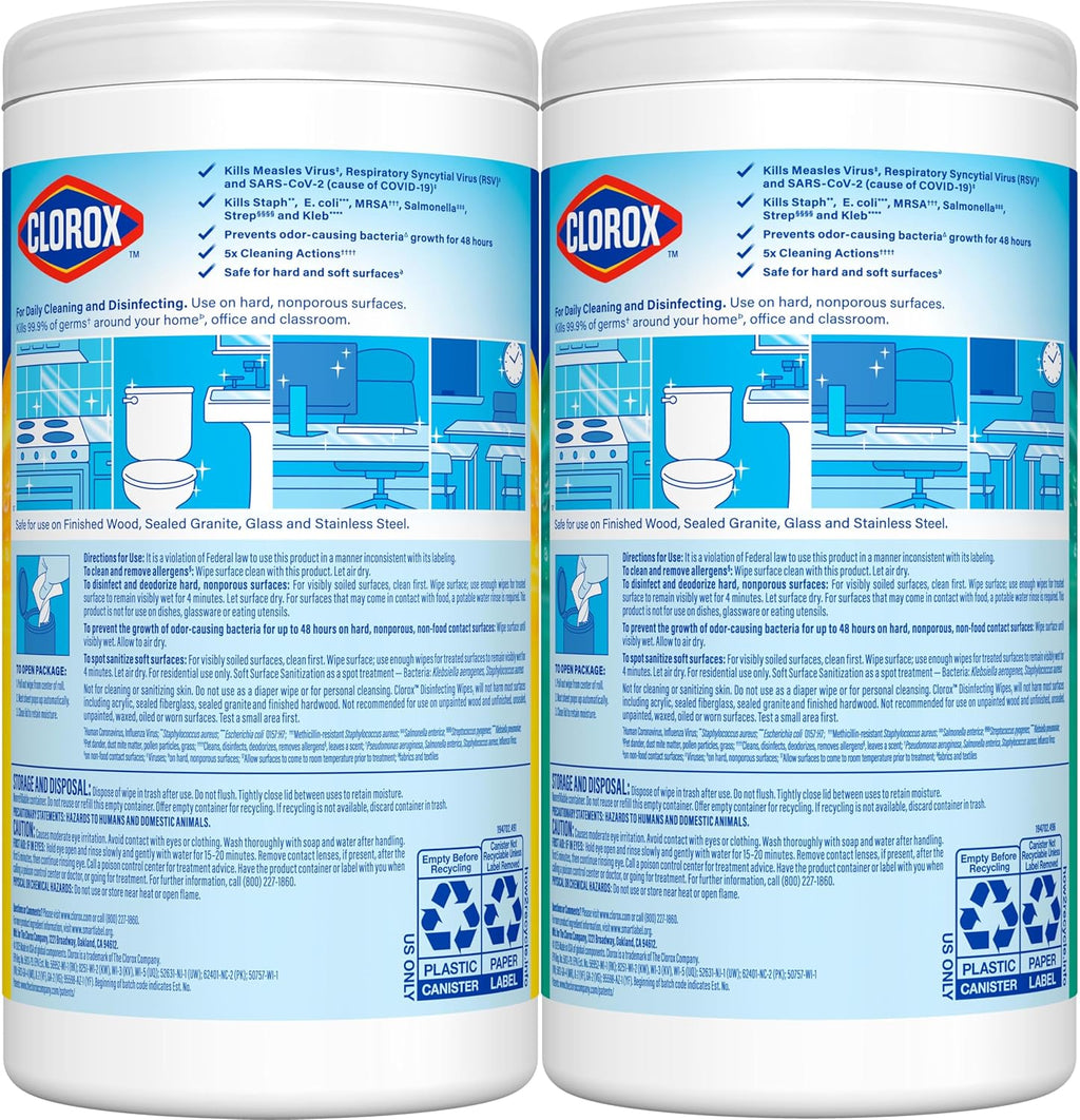 Disinfecting Cleaning Wipes for Spring Cleaning & Allergy Season, Bleach Free, Fresh Scent and Crisp Lemon, 75 Count Each, Pack of 2