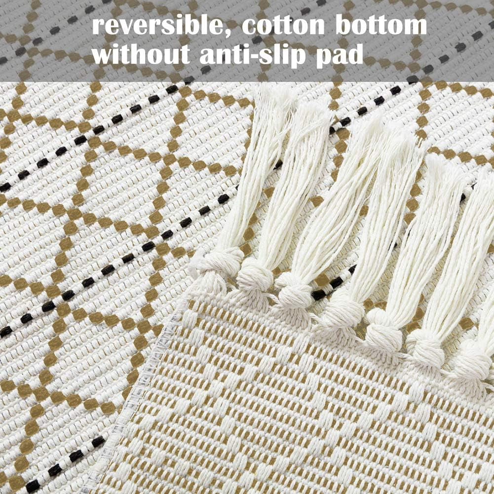 Boho Bathroom Rug, Boho Rug Kitchen Runner Washable Bath Rug, Woven Small Cotton Bohemian Tribal Farmhouse Tassel Moroccan Boho Bath Mat for Bedroom Hallway 2'X3'