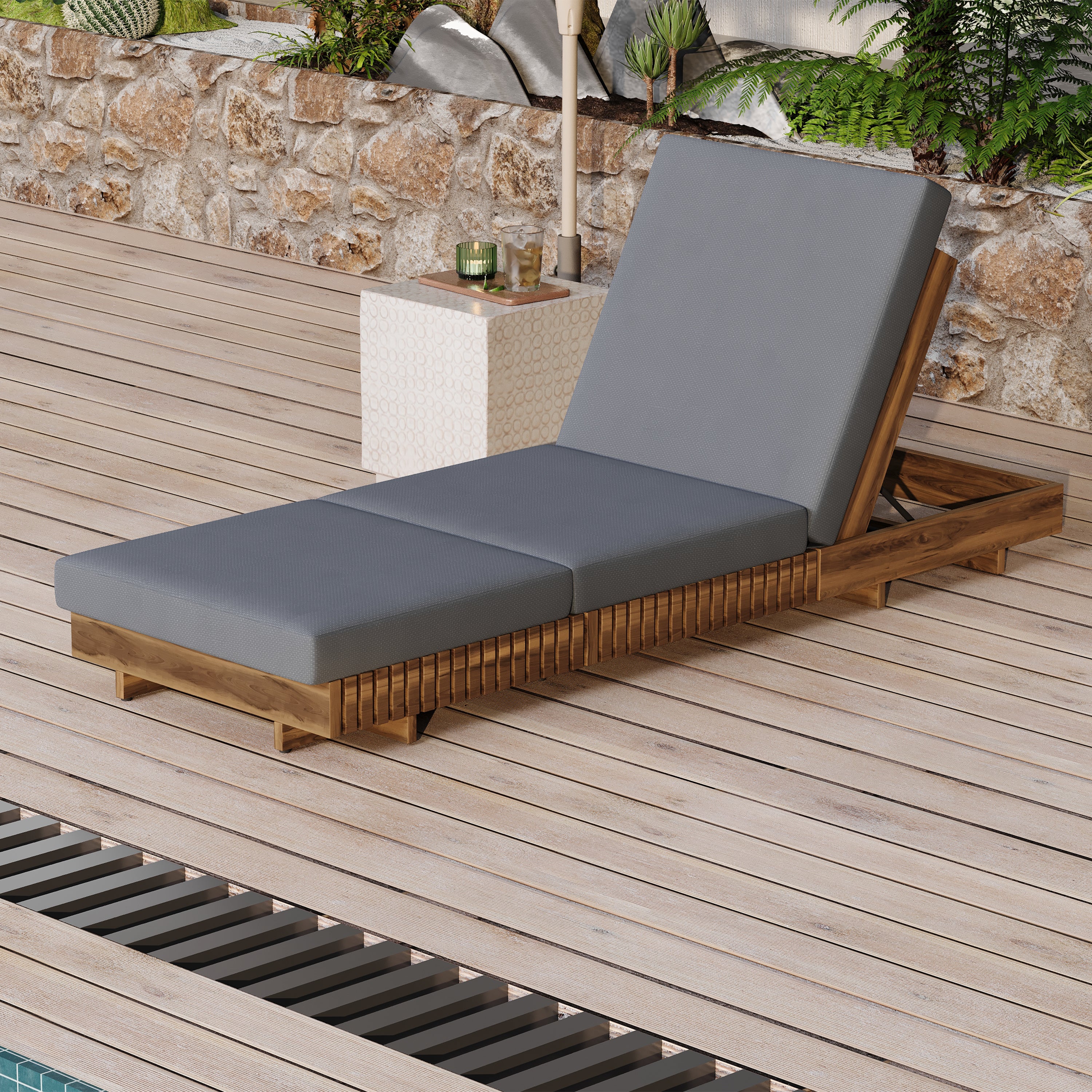 Lounge Chaise Set, Acacia Solid Wood With  LOUNGE CUSHION  Dark Grey TRIPLE FOLDS  - Matching Cream Version Available