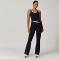 Womens Contrasting-Color Cross-Crotch Flare Pants Nude-Feel Yoga Two-Piece Set