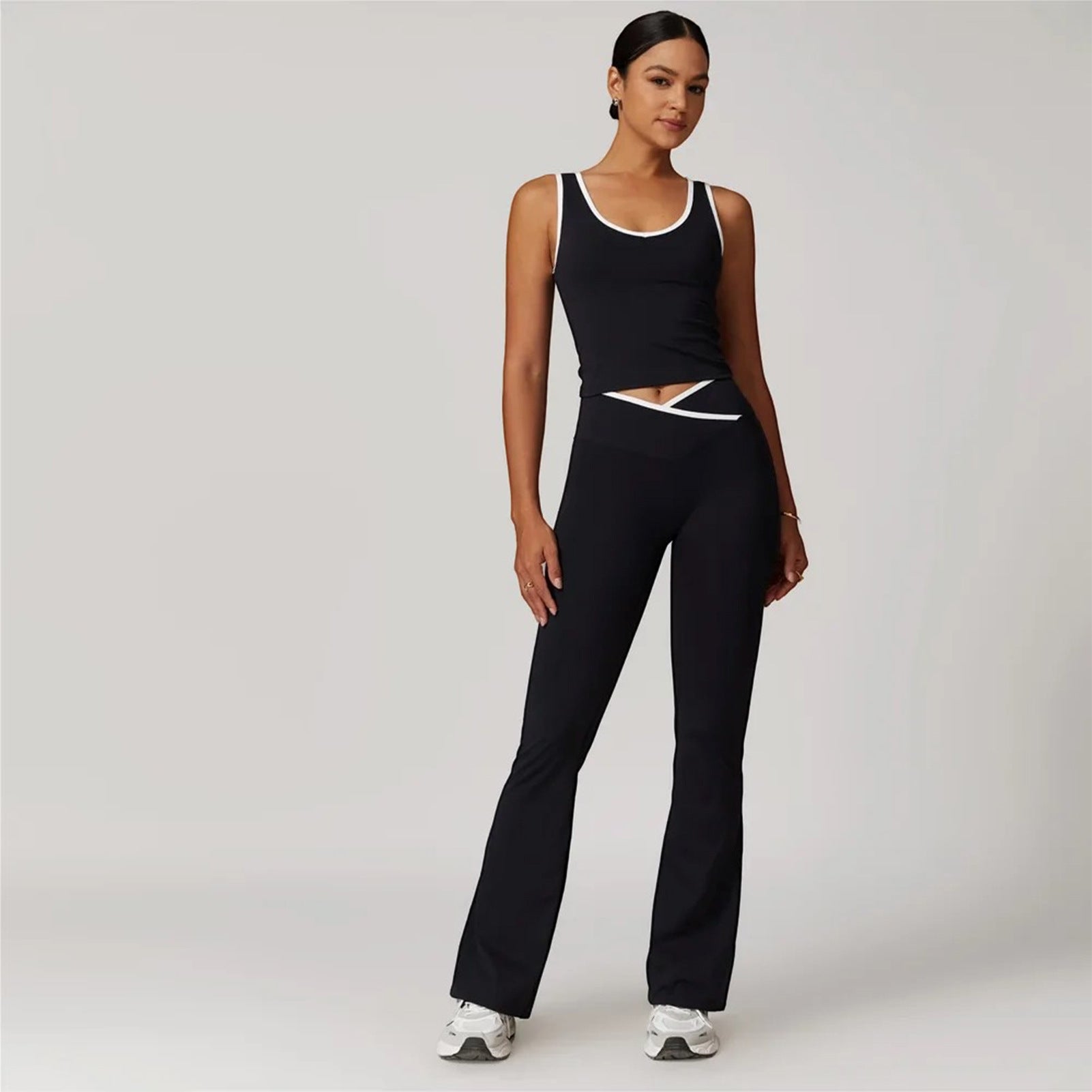 Womens Contrasting-Color Cross-Crotch Flare Pants Nude-Feel Yoga Two-Piece Set