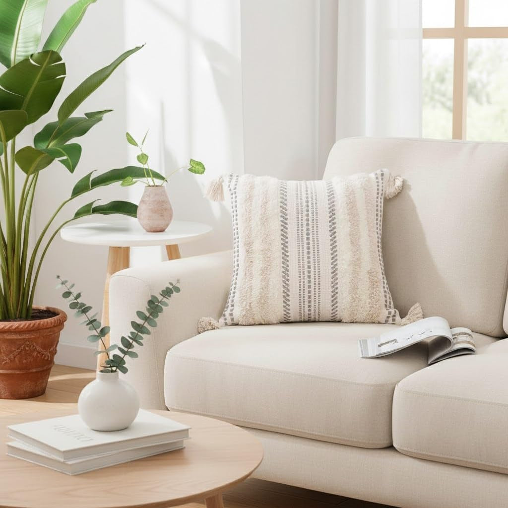 Summer Decorative Boho Throw Pillow Covers 20X20 Set of 2, Accent Neutral Textured Tufted Pillow Covers Striped for Couch Bed Sofa Living Room, Beige and Cream White