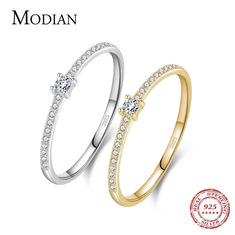 Modian Real 925 Sterling Silver Simple Square Clear CZ Charm Gold Color Finger Rings For Women Wedding Engagement Jewelr