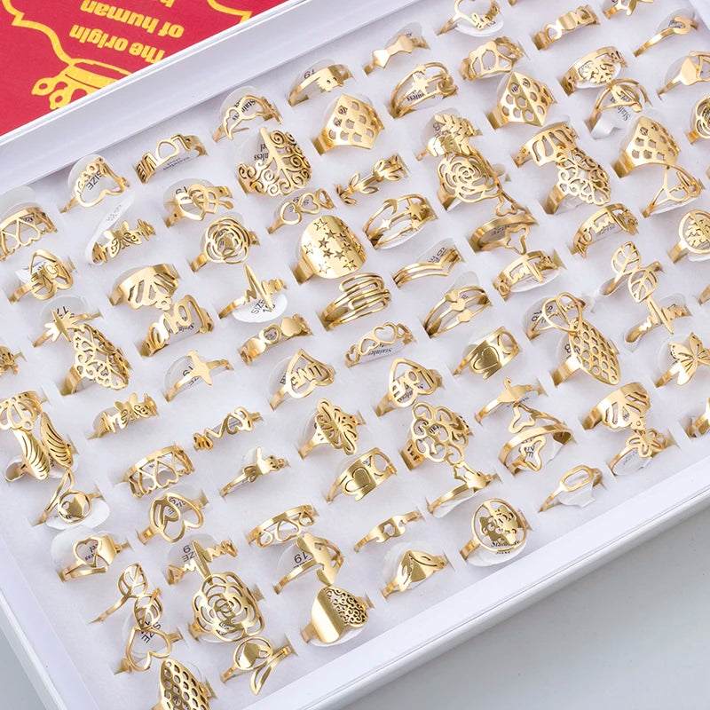 100 Pieces Stainless Steel Engraved Rings for Men and Women Fashion Charm Jewelry Gift Hollow Flower Finger Rings Lots