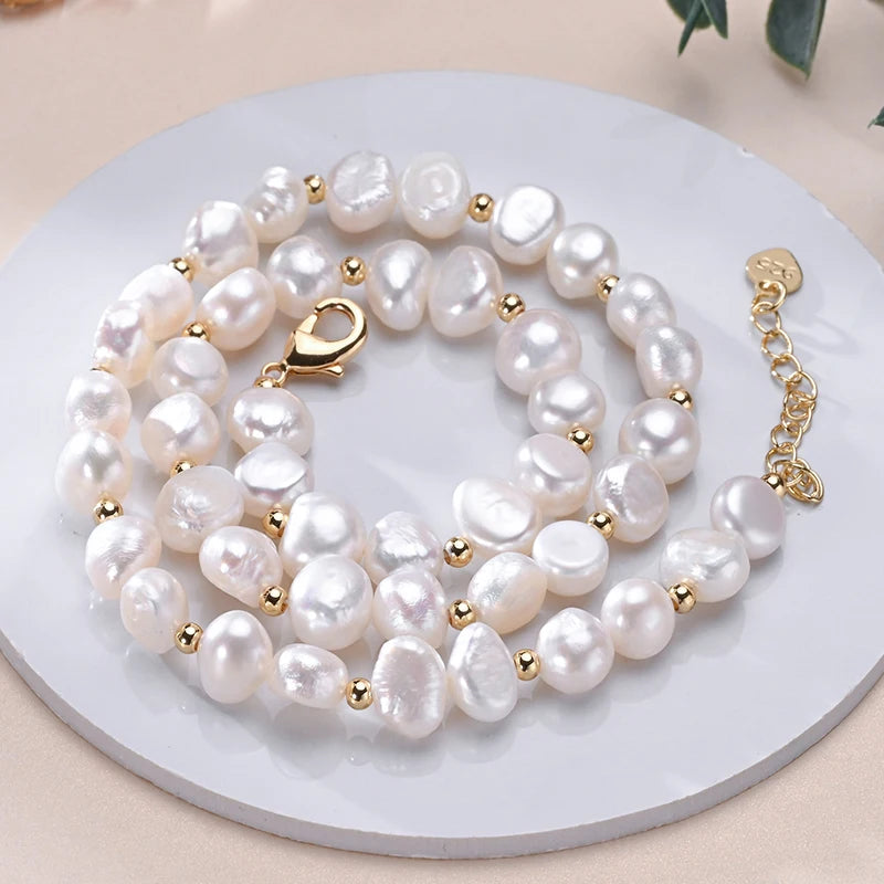 Natural Freshwater Pearls Baroque Shape Necklace Golden Small Bead S925 Sterling Silver Chain Fashion Jewelry Gifts for 