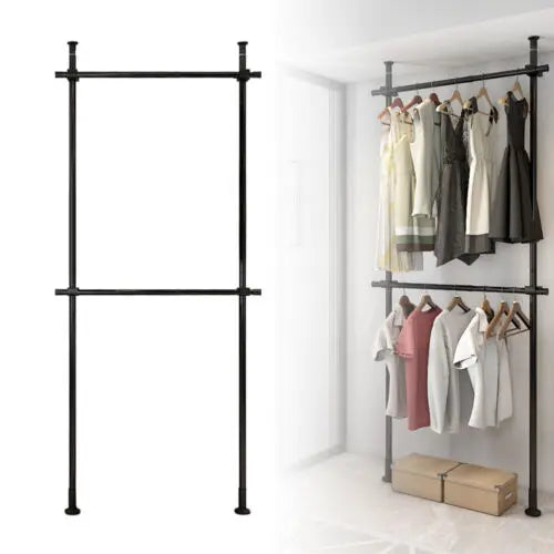 Dual-Rail Metal Garment Rack with Shelving