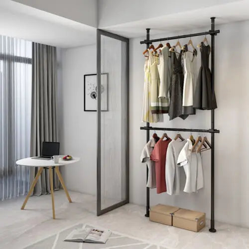 Dual-Rail Metal Garment Rack with Shelving