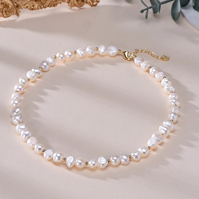Natural Freshwater Pearls Baroque Shape Necklace Golden Small Bead S925 Sterling Silver Chain Fashion Jewelry Gifts for 