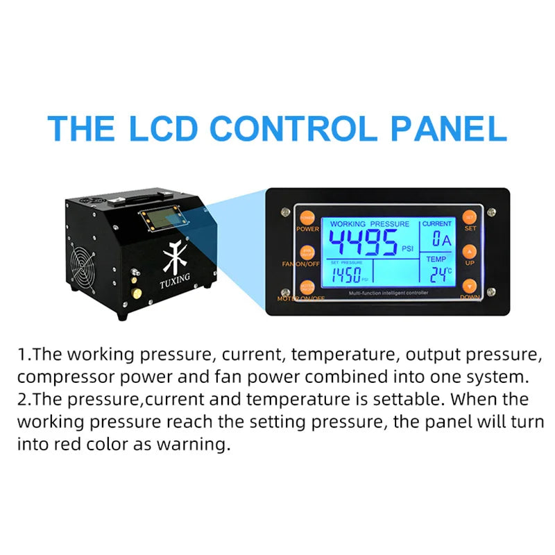 TUXING 4500Psi 300Bar PCP Air Compressor LCD Display Digital Control System Auto Stop High Pressure Compressor for PCP Rifle