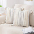 Summer Decorative Boho Throw Pillow Covers 20X20 Set of 2, Accent Neutral Textured Tufted Pillow Covers Striped for Couch Bed Sofa Living Room, Beige and Cream White