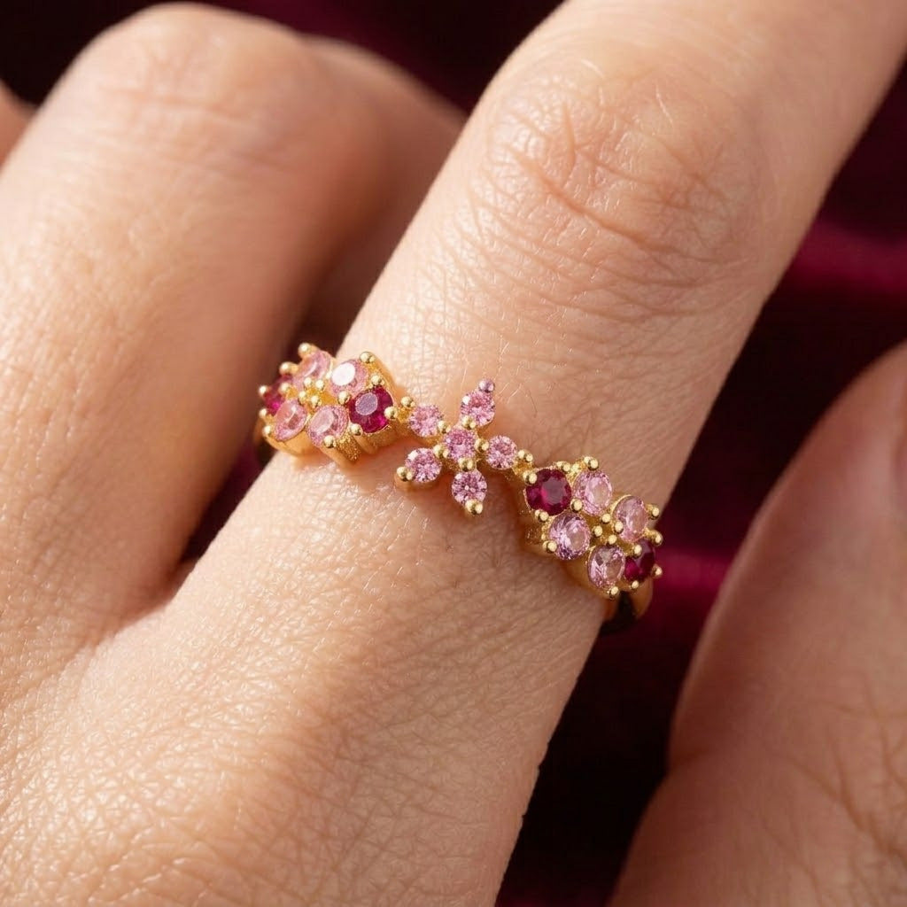 Pink Zircon Flower Open-ring For Women, Gentle And Elegant