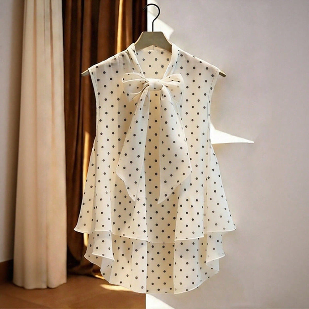 Sleeveless Polka-Dot Chiffon Blouse with Lace-Up Detail