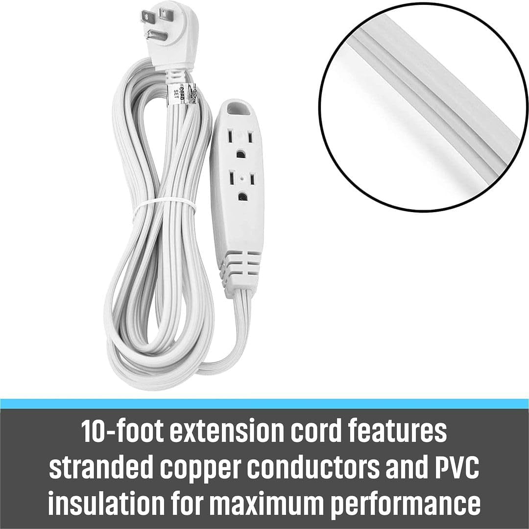 3 Outlet Flat Extension Cord for Indoor, 3 Prong Extension Cord with 16AWG 125V 1625W, UL Listed Triple Wire Grounded Multi Outlet Plug 10Ft White 2 Pack