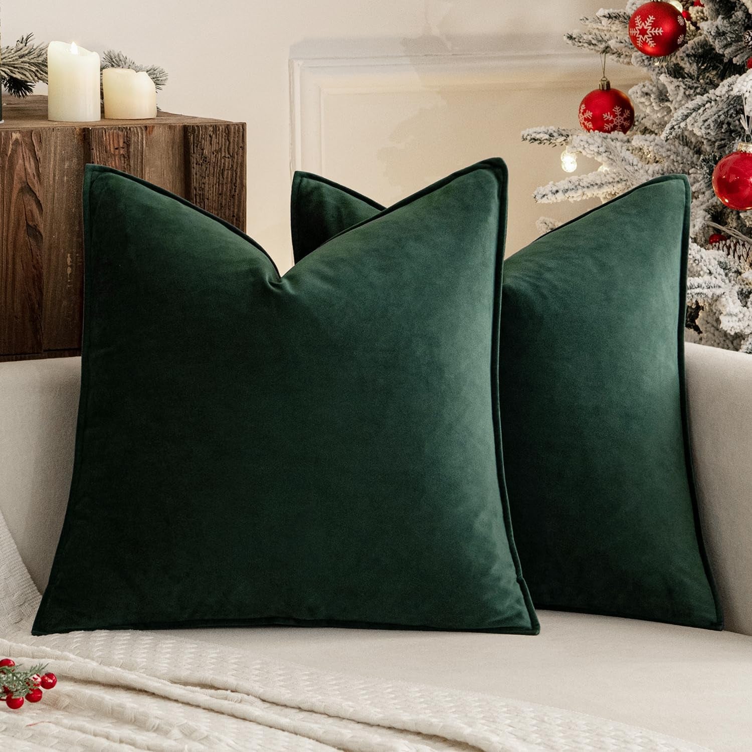 Army Green Velvet Throw Pillow Covers 20X20 Soft Decorative Solid Square Cushion Cases Pack of 2 Modern Luxury Home Decor for Couch, Sofa, Bedroom