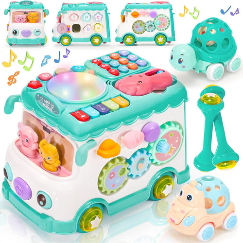 Baby Activity Bus Toy Set 6-in-1 Multifunctional Musical Learning Bus Includes Mini Car & Building Blocks Early Educatio