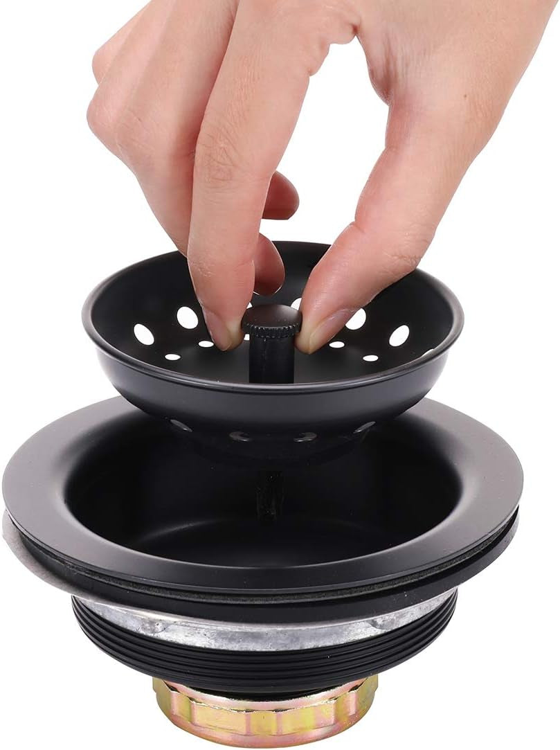 3-1/2 Inch Kitchen Sink Stainless Steel Basket Strainer Water Stopper with Drain Assembly, Black Finish Rustproof and Durable