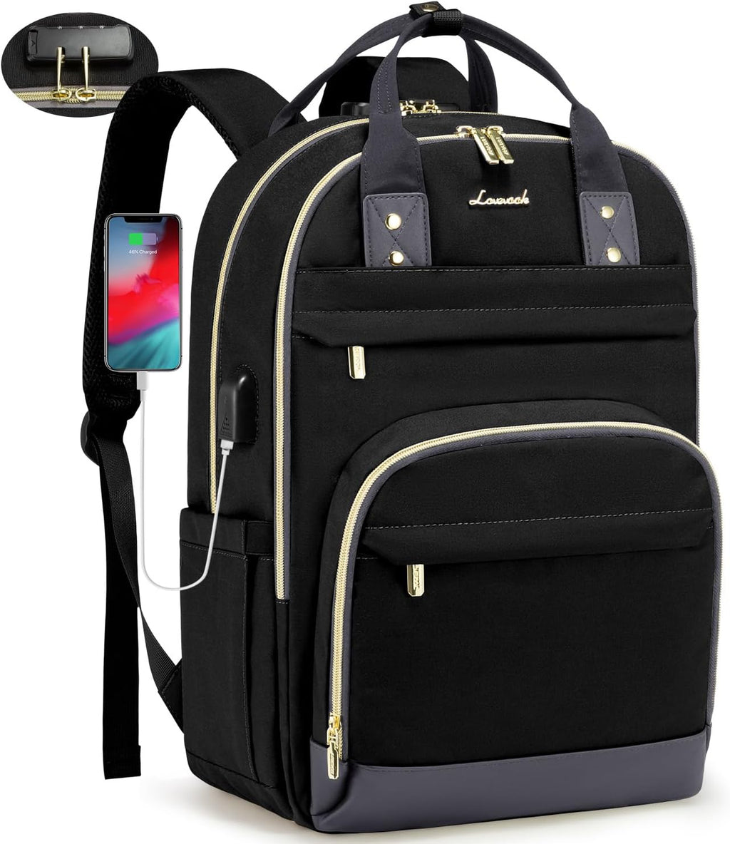 Laptop Backpack for Women, Unisex Travel Anti-Theft Bag, Business Work Computer Backpacks Purse for Men, Casual Hiking Daypack with Lock, 15.6 Inch, Black-Grey