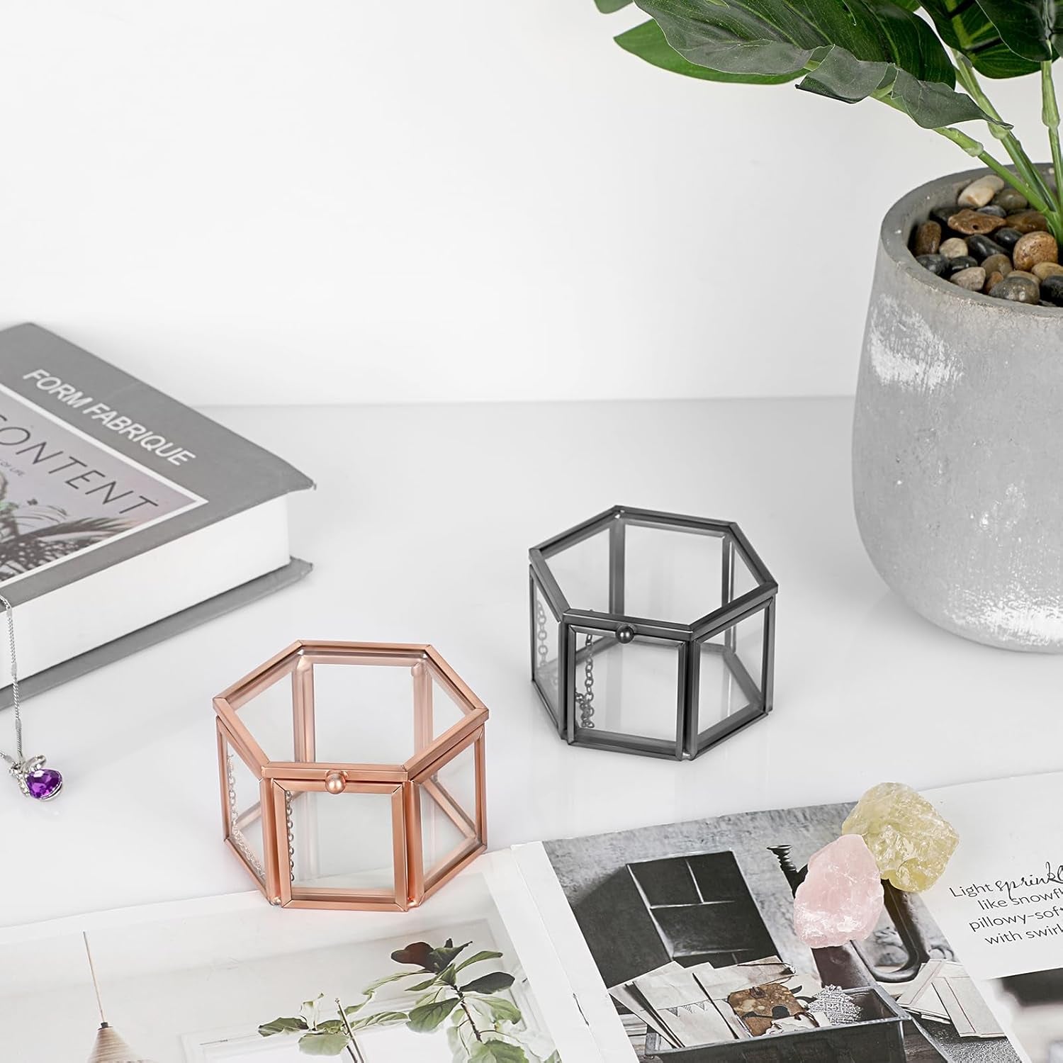 Vintage Glass Jewelry Box - Black Hexagonal Jewelry Display Organizer Keepsake Box Home Decorative Box Case for Trinket Ring Earring Chest, Small