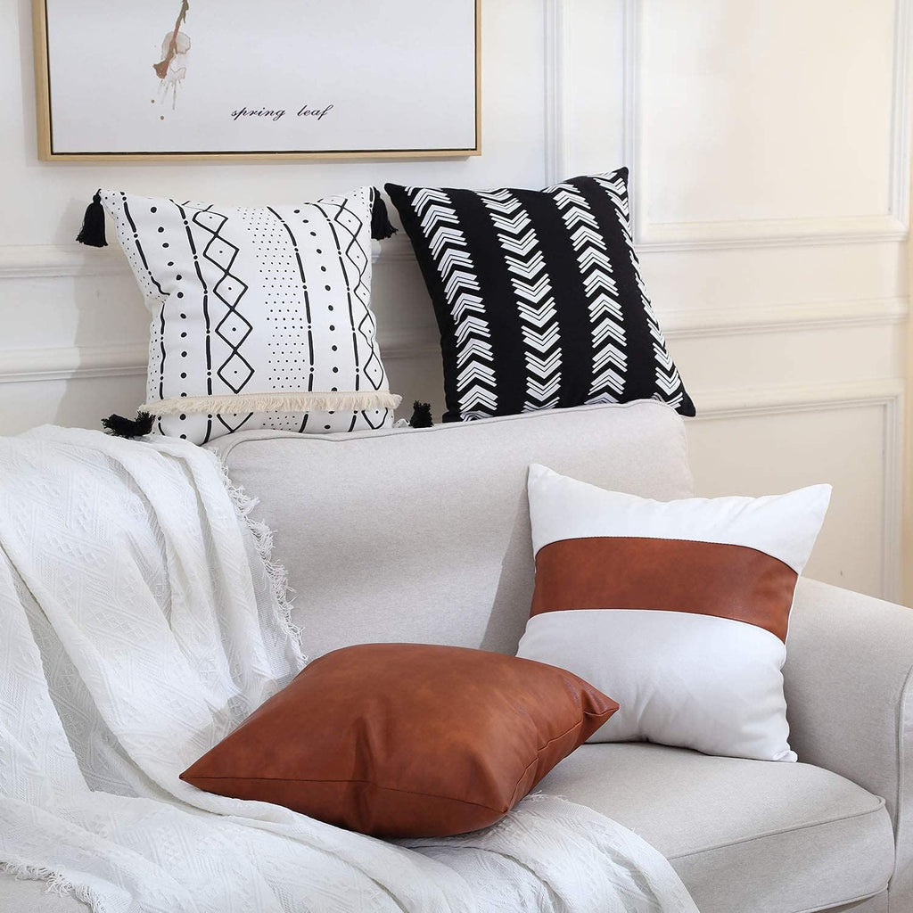 Boho Throw Pillow Covers 18 X 18 Set of 4 - Modern Stripe Geometric Farmhouse Decorative Pillow Cover Sets for Pillows - Couch Sofa Bed,Faux Leather Black and White Pillow Covers