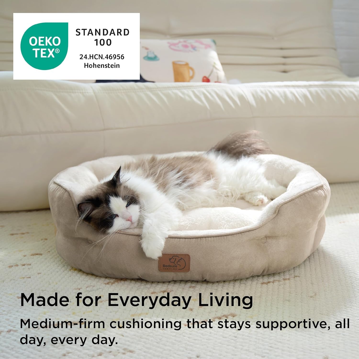 Bedsure Dog Beds for Small Dogs - round Cat Beds for Indoor Cats, Washable Pet Bed for Puppy and Kitten with Slip-Resistant Bottom, 20 Inches, Camel