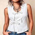 Womens U-neck Sleeveless Cotton-Linen Top With Bow Tie