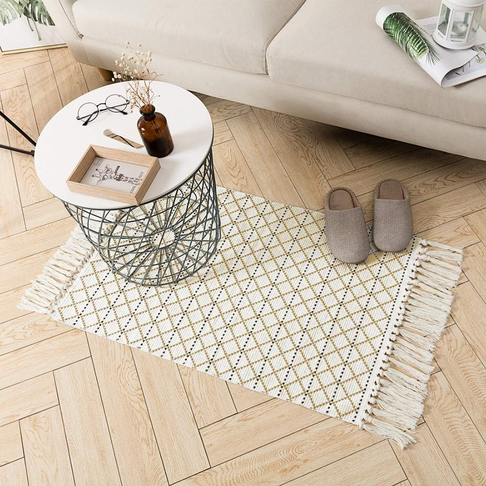 Boho Bathroom Rug, Boho Rug Kitchen Runner Washable Bath Rug, Woven Small Cotton Bohemian Tribal Farmhouse Tassel Moroccan Boho Bath Mat for Bedroom Hallway 2'X3'