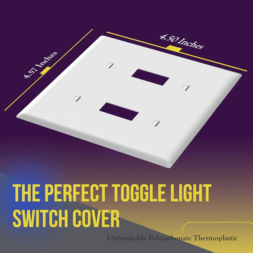 Double Toggle Light Switch Wall Plate, Size 2-Gang 4.50" X 4.57", Unbreakable Polycarbonate Thermoplastic, , White (10 Pack)
